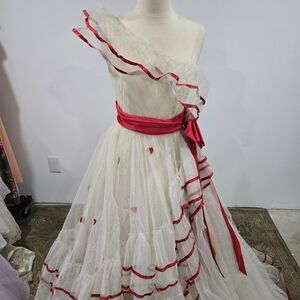 Vintage Alfred Angelo Women's Dress with White Layers Red Ribbon And Red Hearts